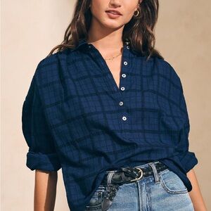 Faherty Navy Blue Plaid Button Henley Blouse